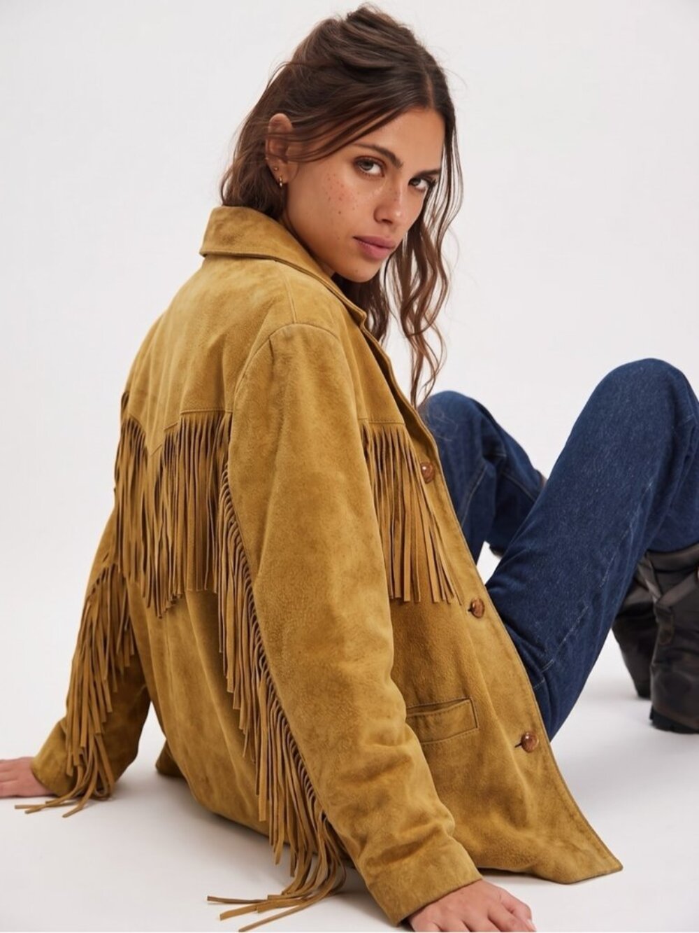 Vintage 80s Suede Leather Fringe Jacket Size Large Camel Brown Western Rodeo